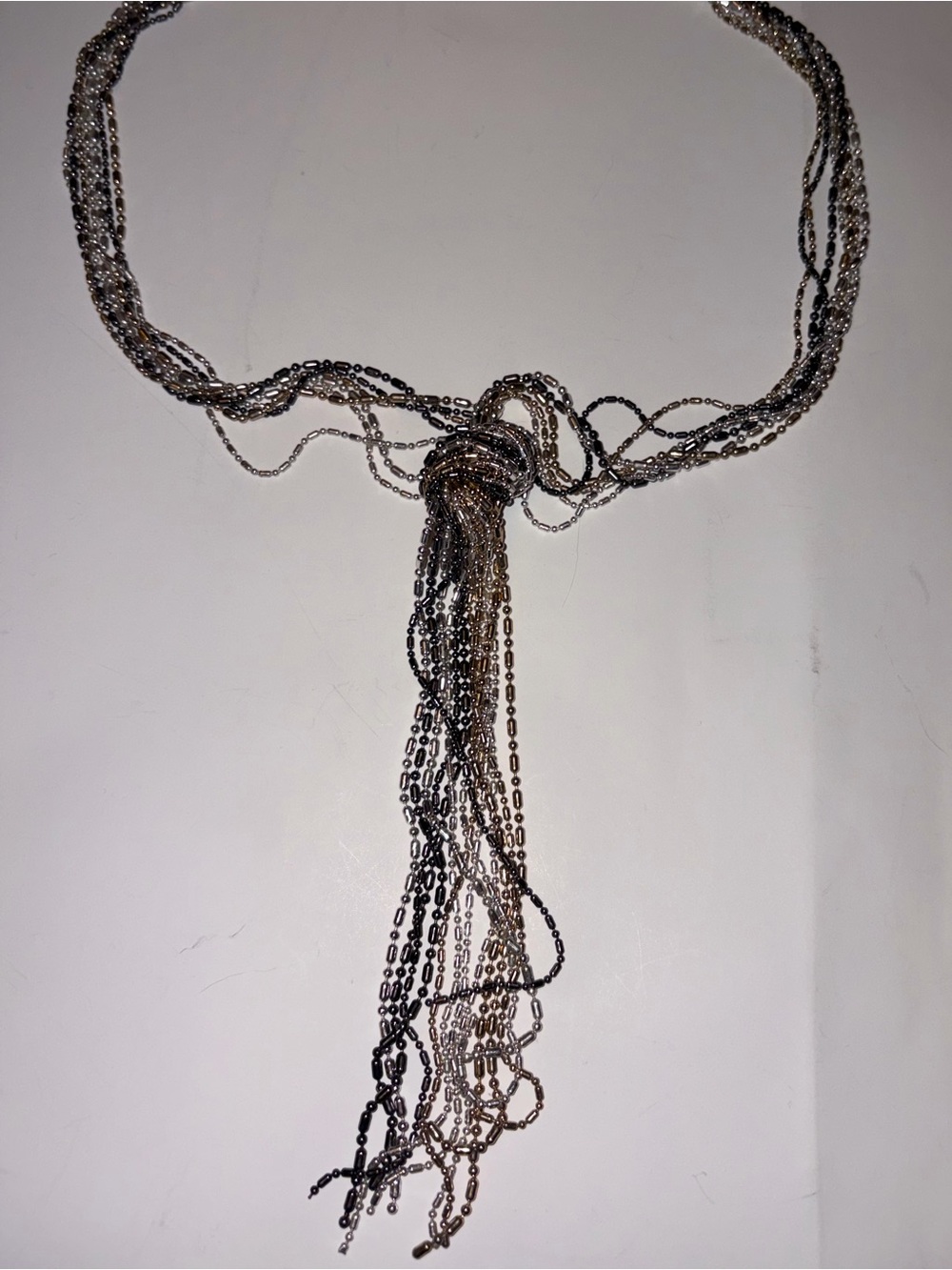 Multi Strand Metallic Beaded Knot Tassel Necklace Silver Gunmetal Gold